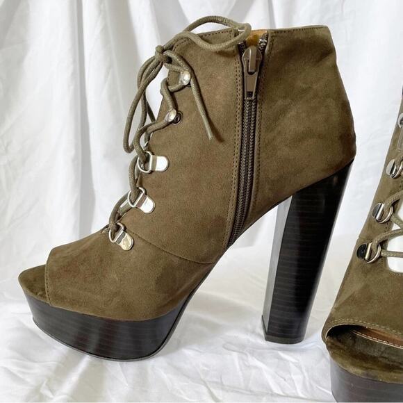 Qupid Enclose Suede Peep Toe Chunky Heel Platform Zip Lace Up Bootie Size 7 - Picture 8 of 14